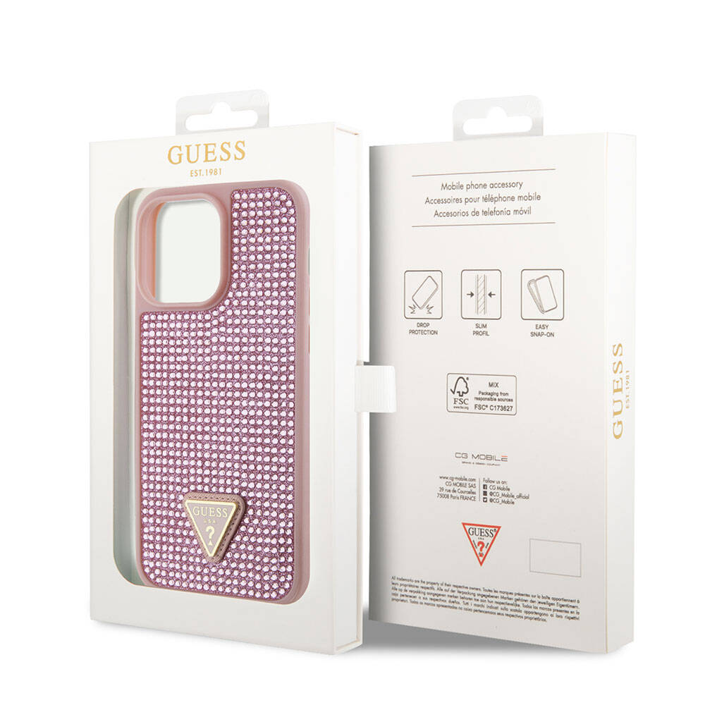 Apple iPhone 15 Pro Max Kılıf Guess Orjinal Lisanslı Taşlı Arka Yüzey Üçgen Logolu Kapak Gold
