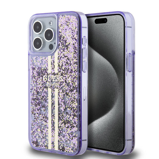 Apple iPhone 15 Pro Max Kılıf Guess Orjinal Lisanslı Transparan Sıvılı Simli Altın Çizgili Kapak Mor