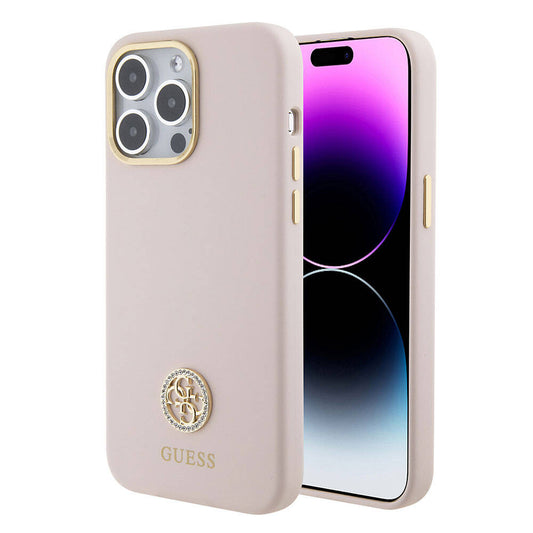 Apple iPhone 15 Pro Max Kılıf Guess Orjinal Lisanslı Yazı ve Taşlı 4G Logolu Metal Kamera Çerçeveli Silikon Kapak Siyah