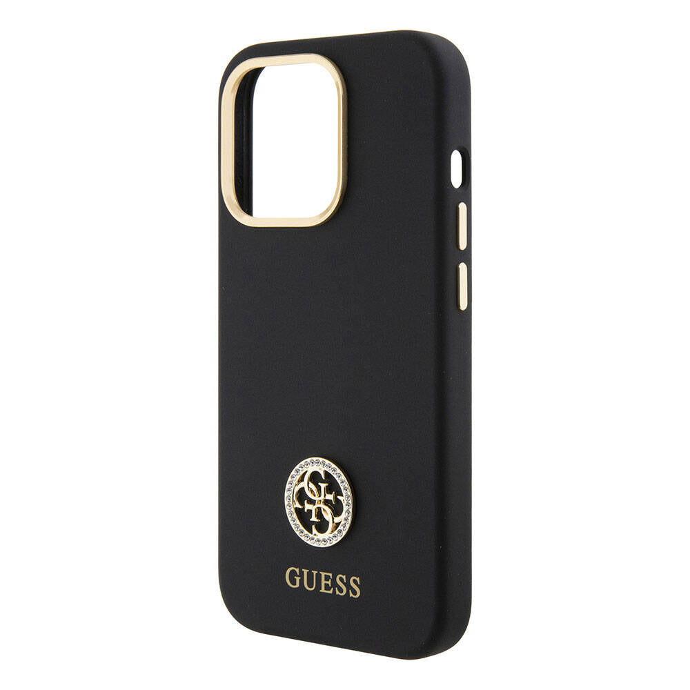 Apple iPhone 15 Pro Max Kılıf Guess Orjinal Lisanslı Yazı ve Taşlı 4G Logolu Metal Kamera Çerçeveli Silikon Kapak Siyah