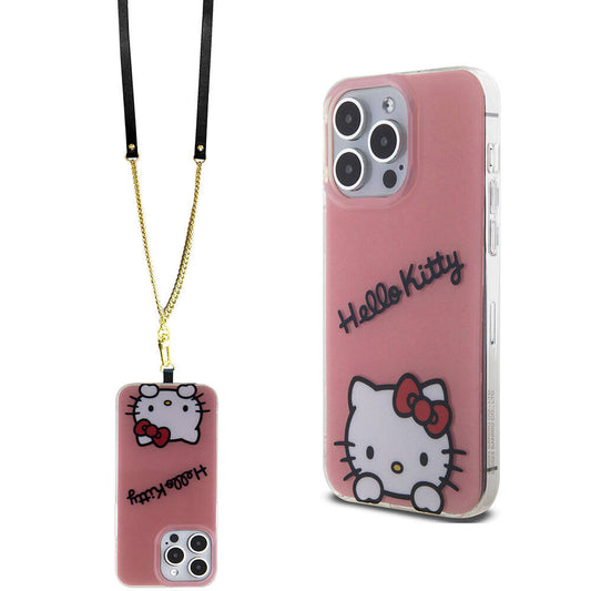 Apple iPhone 15 Pro Max Kılıf Hello Kitty Orjinal Lisanslı Askılı Yazı ve İkonik Logolu Daydreaming Kapak Beyaz