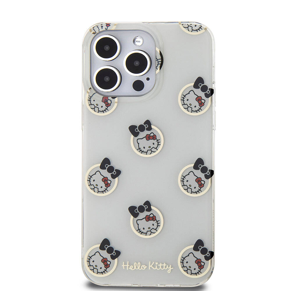 Apple iPhone 15 Pro Max Kılıf Hello Kitty Orjinal Lisanslı Elektroplating Kaplama Kabarcık Baskılı Kapak Beyaz