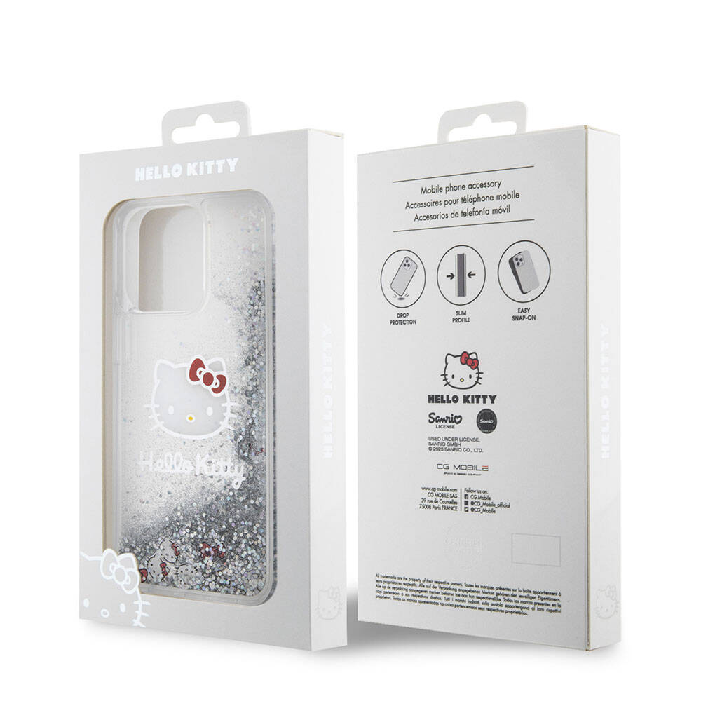 Apple iPhone 15 Pro Max Kılıf Hello Kitty Orjinal Lisanslı İkonik Sıvılı Glitter Kapak Renksiz