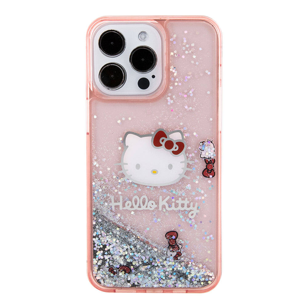 Apple iPhone 15 Pro Max Kılıf Hello Kitty Orjinal Lisanslı İkonik Sıvılı Glitter Kapak Renksiz