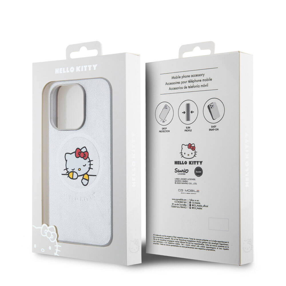 Apple iPhone 15 Pro Max Kılıf Hello Kitty Orjinal Lisanslı M-safe Şarj Özellikli Baskı Logolu Uyuyan Kitty Deri Kapak Gümüş