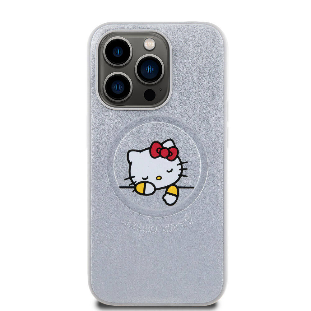 Apple iPhone 15 Pro Max Kılıf Hello Kitty Orjinal Lisanslı M-safe Şarj Özellikli Baskı Logolu Uyuyan Kitty Deri Kapak Gümüş