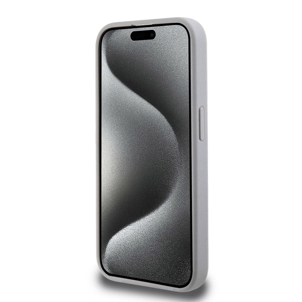 Apple iPhone 15 Pro Max Kılıf Hello Kitty Orjinal Lisanslı M-safe Şarj Özellikli Baskı Logolu Uyuyan Kitty Deri Kapak Gümüş