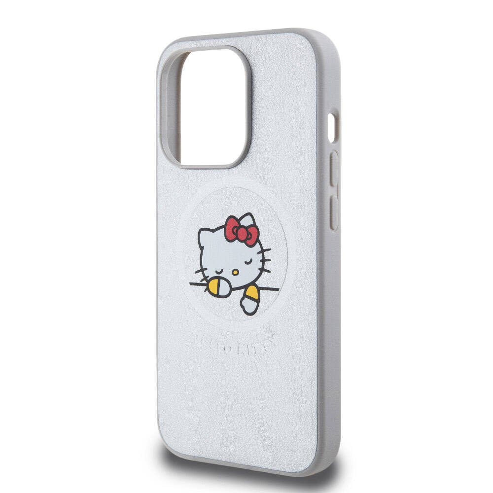 Apple iPhone 15 Pro Max Kılıf Hello Kitty Orjinal Lisanslı M-safe Şarj Özellikli Baskı Logolu Uyuyan Kitty Deri Kapak Gümüş