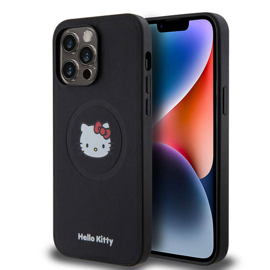 Apple iPhone 15 Pro Max Kılıf Hello Kitty Orjinal Lisanslı M-safe Şarj Özellikli Kitty Head Deri Kapak Siyah