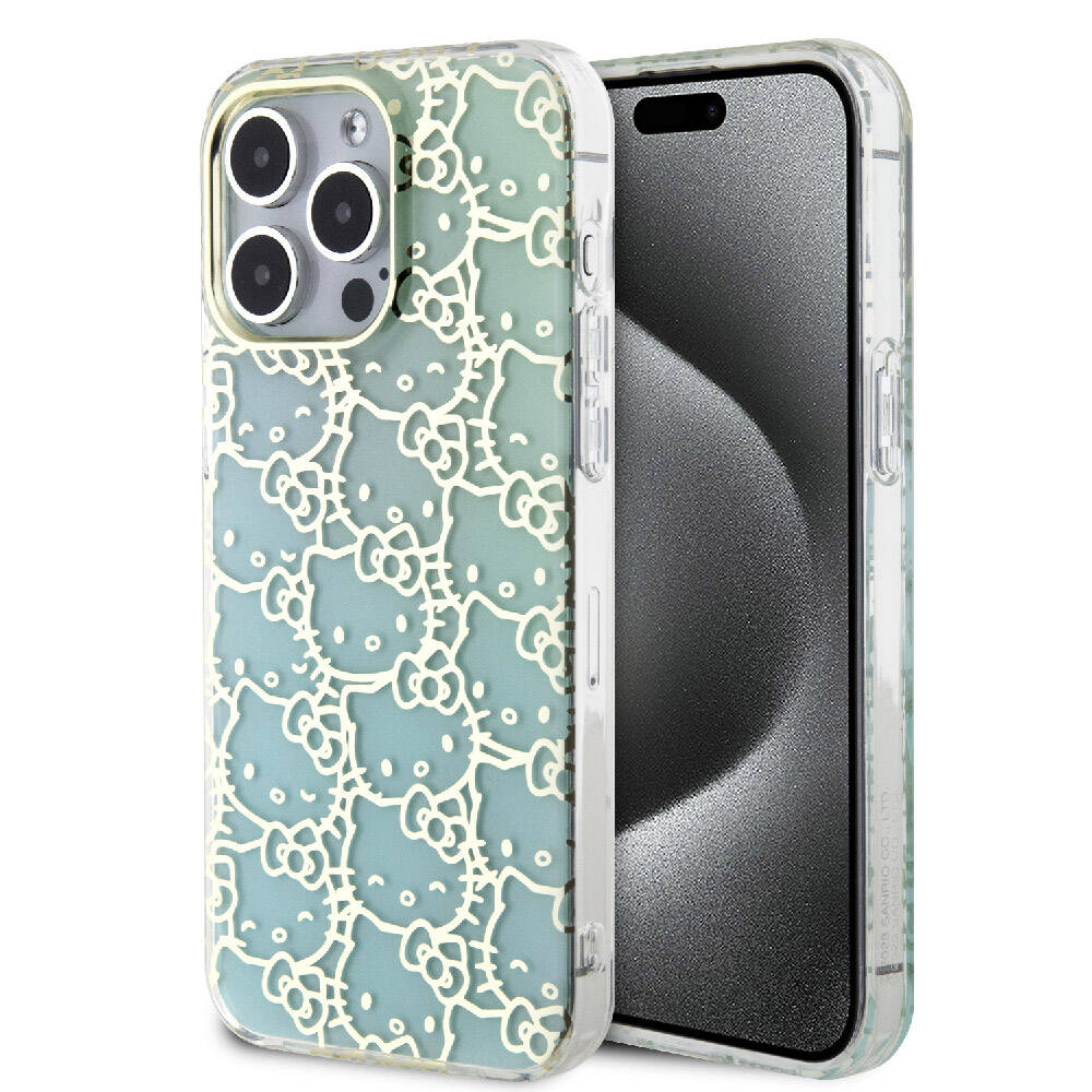 Apple iPhone 15 Pro Max Kılıf Hello Kitty Orjinal Lisanslı Renk Geçişli Elektroplating Kaplama Kitty Head Desenli Kapak Mavi