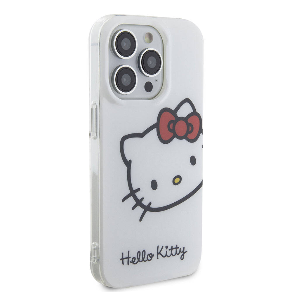 Apple iPhone 15 Pro Max Kılıf Hello Kitty Orjinal Lisanslı Yazı ve İkonik Logolu Kitty Head Kapak Beyaz