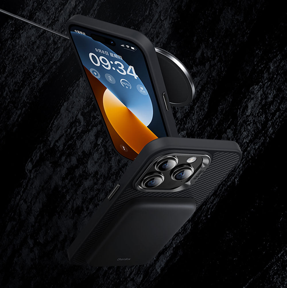 Apple iPhone 15 Pro Max Kılıf Karbon Fiber M-safe Şarj Özellikli Benks Hybrid ArmorPro 600D Kevlar Kapak Siyah