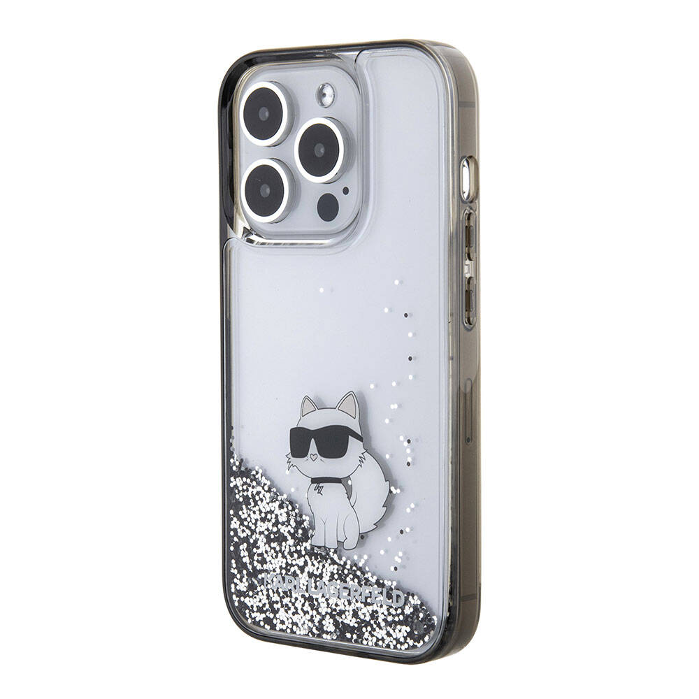 Apple iPhone 15 Pro Max Kılıf Karl Lagerfeld Choupette Sıvılı Glitter Orjinal Lisanslı Kapak Renksiz