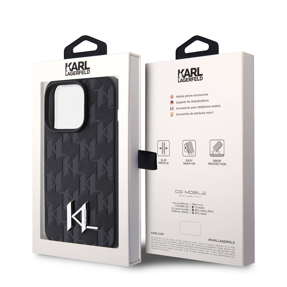 Apple iPhone 15 Pro Max Kılıf Karl Lagerfeld Hot Stamp K&L Metal Logo Orjinal Lisanslı Kapak Gri