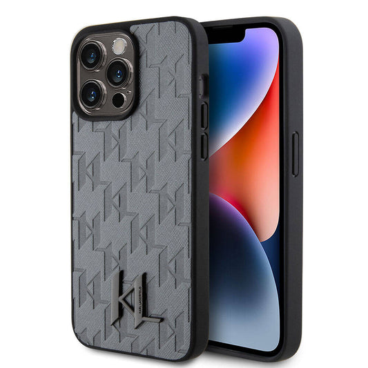 Apple iPhone 15 Pro Max Kılıf Karl Lagerfeld Hot Stamp K&L Metal Logo Orjinal Lisanslı Kapak Gri