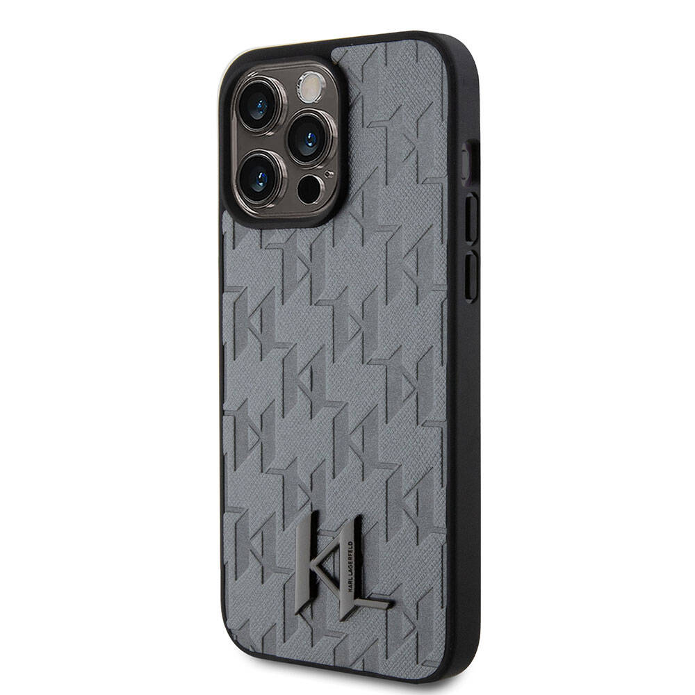 Apple iPhone 15 Pro Max Kılıf Karl Lagerfeld Hot Stamp K&L Metal Logo Orjinal Lisanslı Kapak Siyah