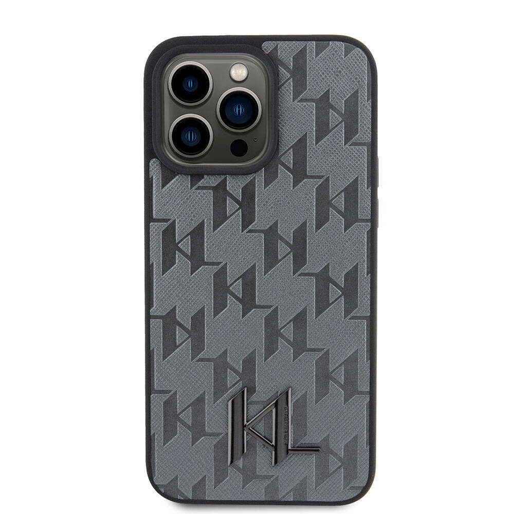 Apple iPhone 15 Pro Max Kılıf Karl Lagerfeld Hot Stamp K&L Metal Logo Orjinal Lisanslı Kapak Gri