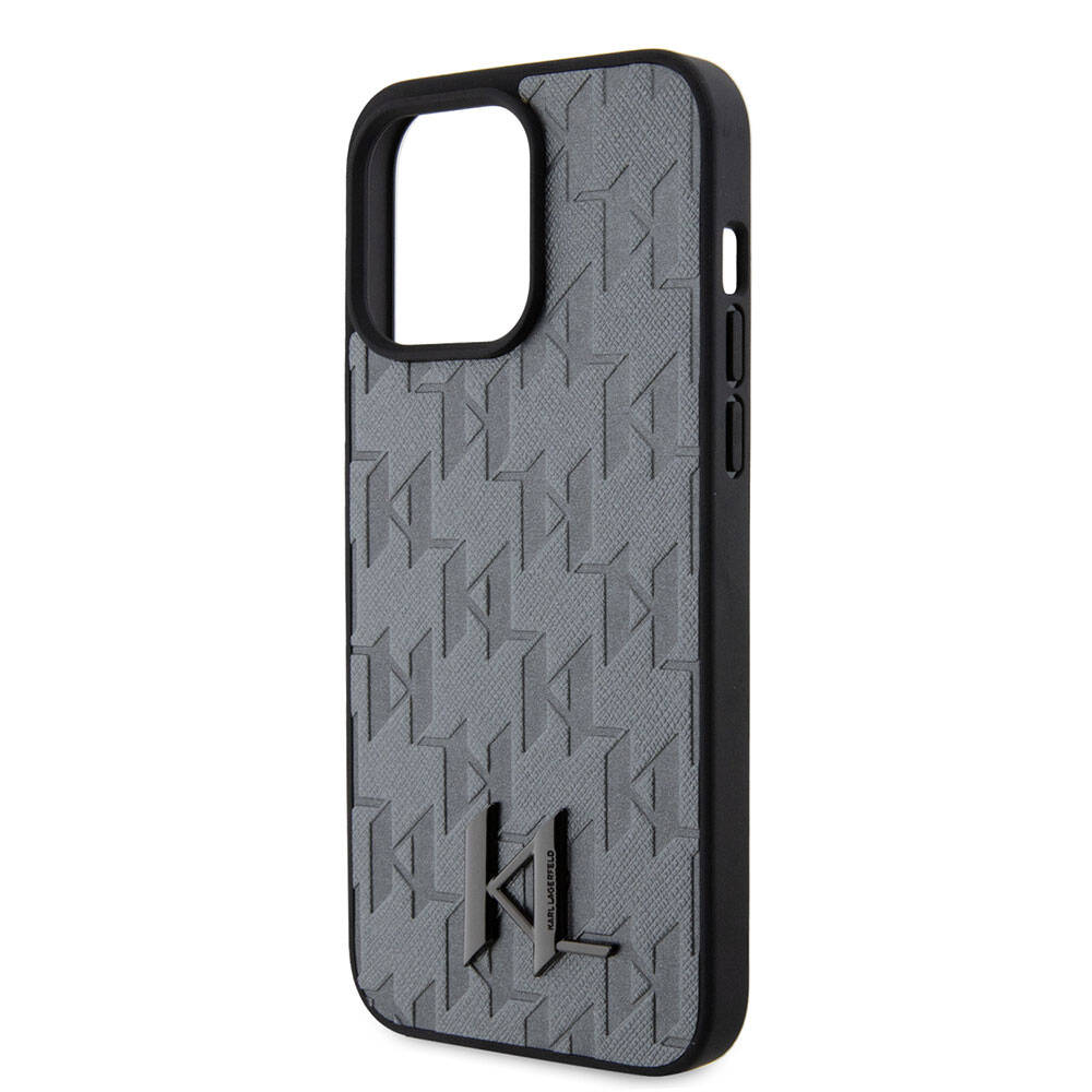 Apple iPhone 15 Pro Max Kılıf Karl Lagerfeld Hot Stamp K&L Metal Logo Orjinal Lisanslı Kapak Gri