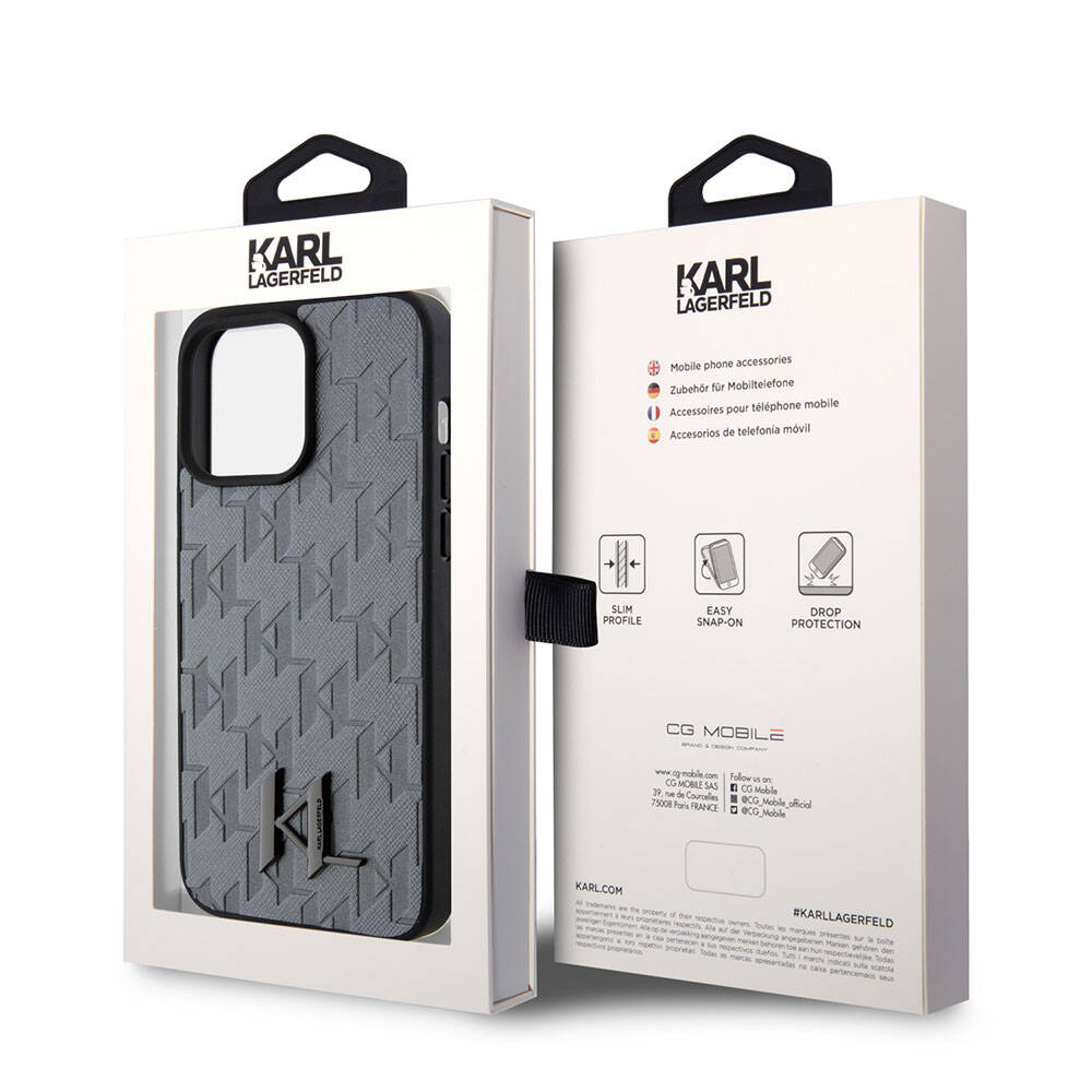 Apple iPhone 15 Pro Max Kılıf Karl Lagerfeld Hot Stamp K&L Metal Logo Orjinal Lisanslı Kapak Gri