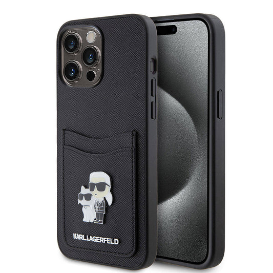 Apple iPhone 15 Pro Max Kılıf Karl Lagerfeld Kartlıklı Metal Logo Orjinal Lisanslı Kapak Siyah