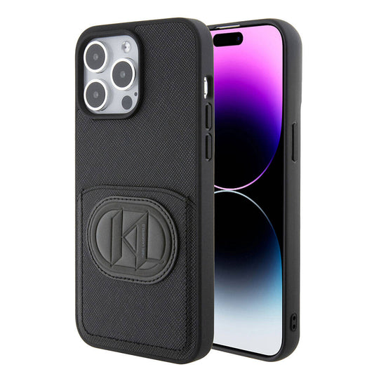 Apple iPhone 15 Pro Max Kılıf Karl Lagerfeld Kartlıklı Saffiano K&L Patch Orjinal Lisanslı Kapak Siyah