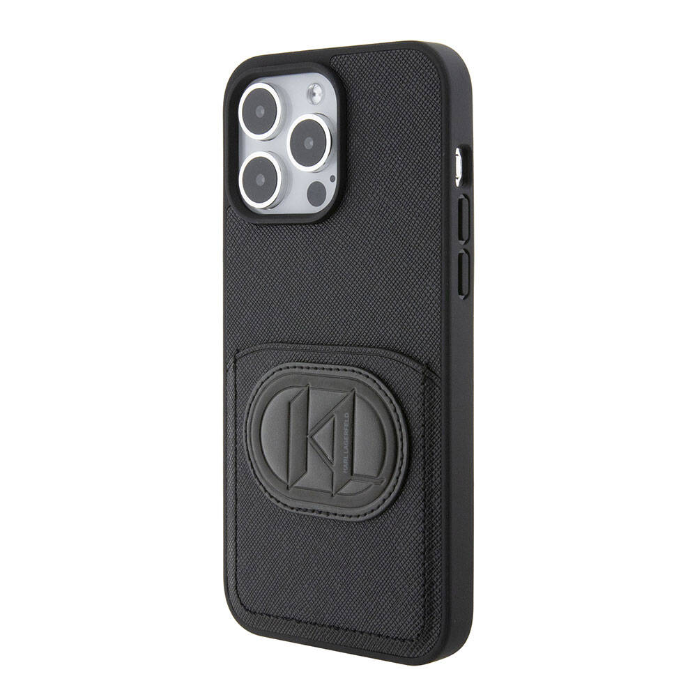 Apple iPhone 15 Pro Max Kılıf Karl Lagerfeld Kartlıklı Saffiano K&L Patch Orjinal Lisanslı Kapak Siyah