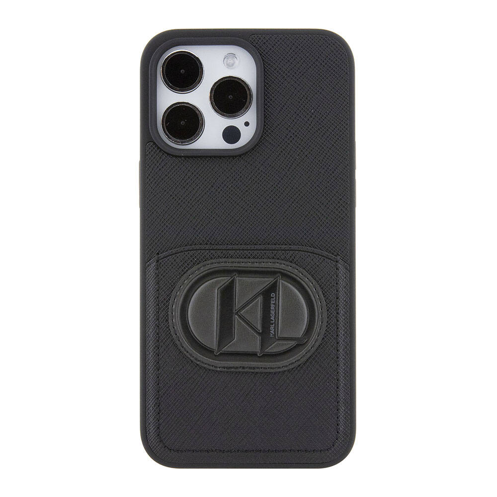 Apple iPhone 15 Pro Max Kılıf Karl Lagerfeld Kartlıklı Saffiano K&L Patch Orjinal Lisanslı Kapak Siyah