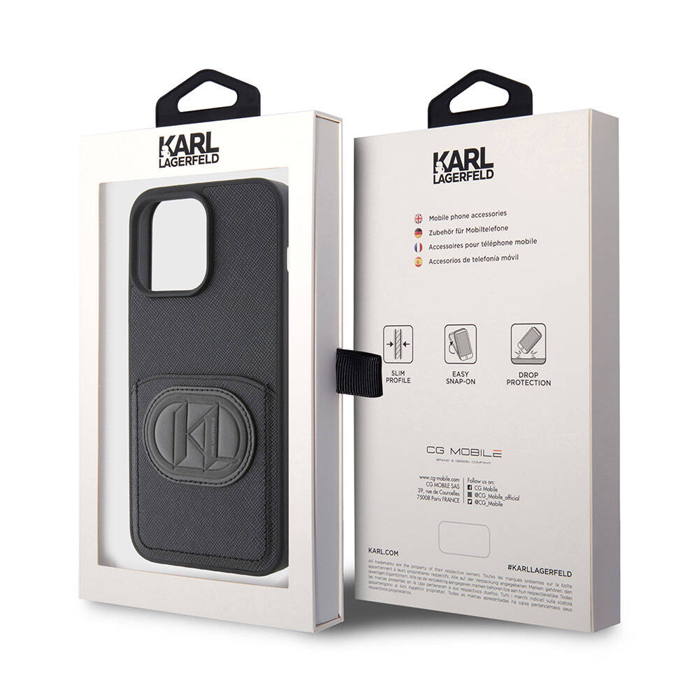 Apple iPhone 15 Pro Max Kılıf Karl Lagerfeld Kartlıklı Saffiano K&L Patch Orjinal Lisanslı Kapak Siyah