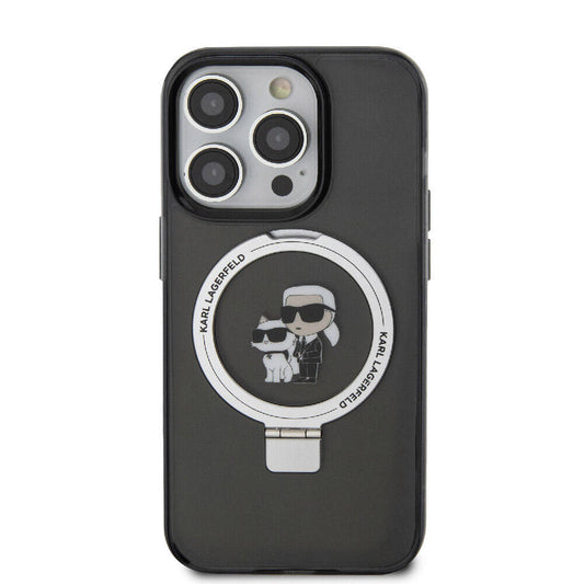 Apple iPhone 15 Pro Max Kılıf Karl Lagerfeld Orjinal Lisanslı M-safe Şarj Özellikli K&C İkonik Baskılı Ring Standlı Kapak Siyah