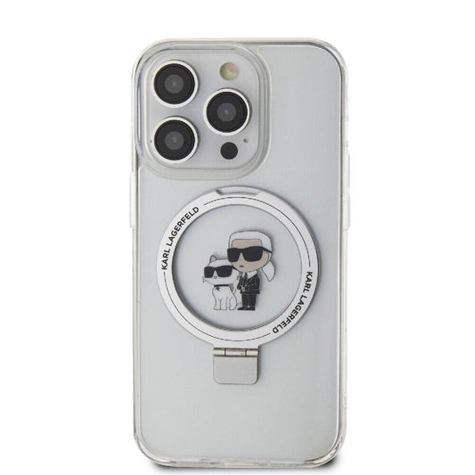 Apple iPhone 15 Pro Max Kılıf Karl Lagerfeld Orjinal Lisanslı M-safe Şarj Özellikli K&C İkonik Baskılı Ring Standlı Kapak Beyaz