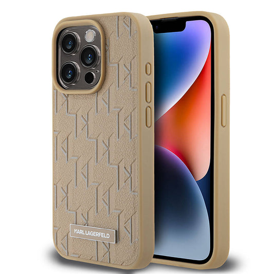 Apple iPhone 15 Pro Max Kılıf Karl Lagerfeld Orjinal Lisanslı M-safe Şarj Özellikli KL Yazılı Hot Stamp Kapak Krem
