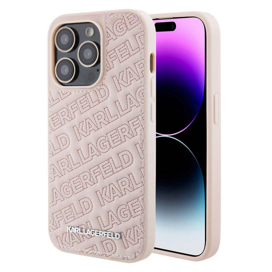 Apple iPhone 15 Pro Max Kılıf Karl Lagerfeld Orjinal Lisanslı Metal Yazı Logolu Dikişli Logo Arka Yüzey Kapitone Kapak Pembe