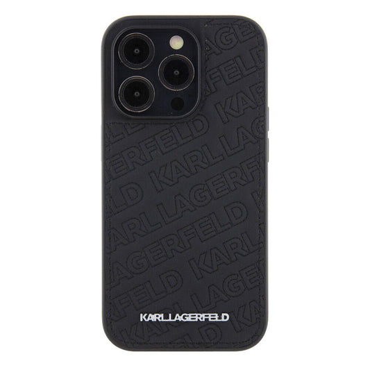 Apple iPhone 15 Pro Max Kılıf Karl Lagerfeld Orjinal Lisanslı Metal Yazı Logolu Dikişli Logo Arka Yüzey Kapitone Kapak Siyah