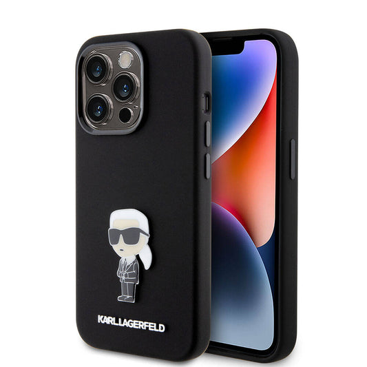Apple iPhone 15 Pro Max Kılıf Karl Lagerfeld Silikon İkonik Metal Logo Orjinal Lisanslı Kapak Siyah