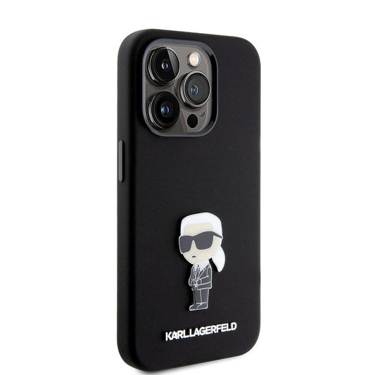 Apple iPhone 15 Pro Max Kılıf Karl Lagerfeld Silikon İkonik Metal Logo Orjinal Lisanslı Kapak Siyah