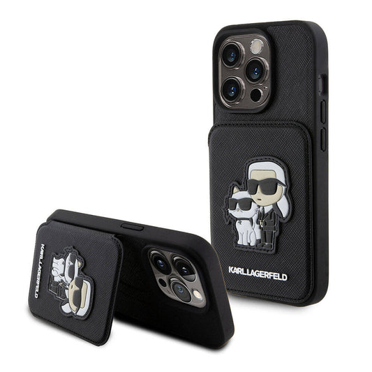 Apple iPhone 15 Pro Max Kılıf Karl Lagerfeld Standlı Kartlıklı Saffiano K&C Metal Logo Orjinal Lisanslı Kapak Siyah