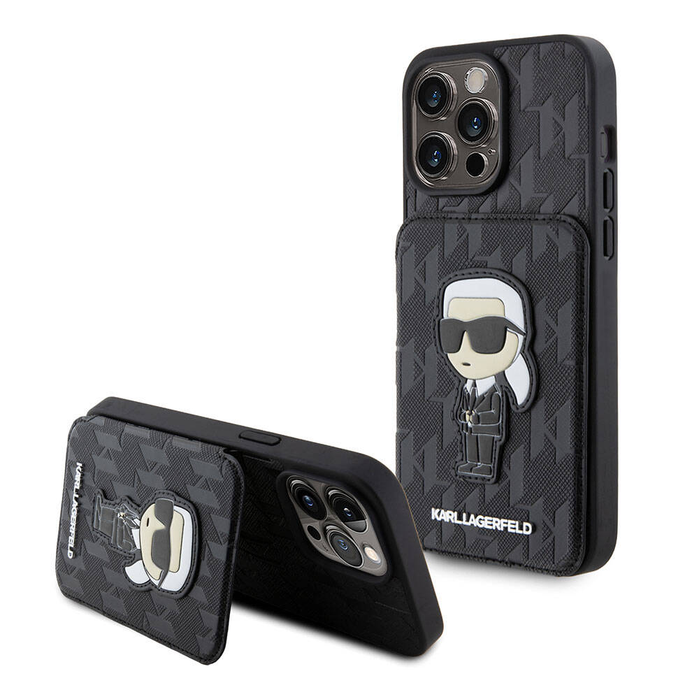 Apple iPhone 15 Pro Max Kılıf Karl Lagerfeld Standlı Kartlıklı Saffiano Monogram İkonik Metal Logo Orjinal Lisanslı Kapak Siyah