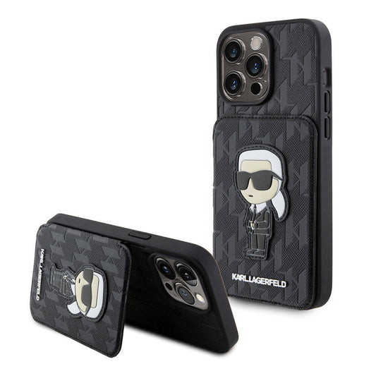 Apple iPhone 15 Pro Max Kılıf Karl Lagerfeld Standlı Kartlıklı Saffiano Monogram İkonik Metal Logo Orjinal Lisanslı Kapak Siyah