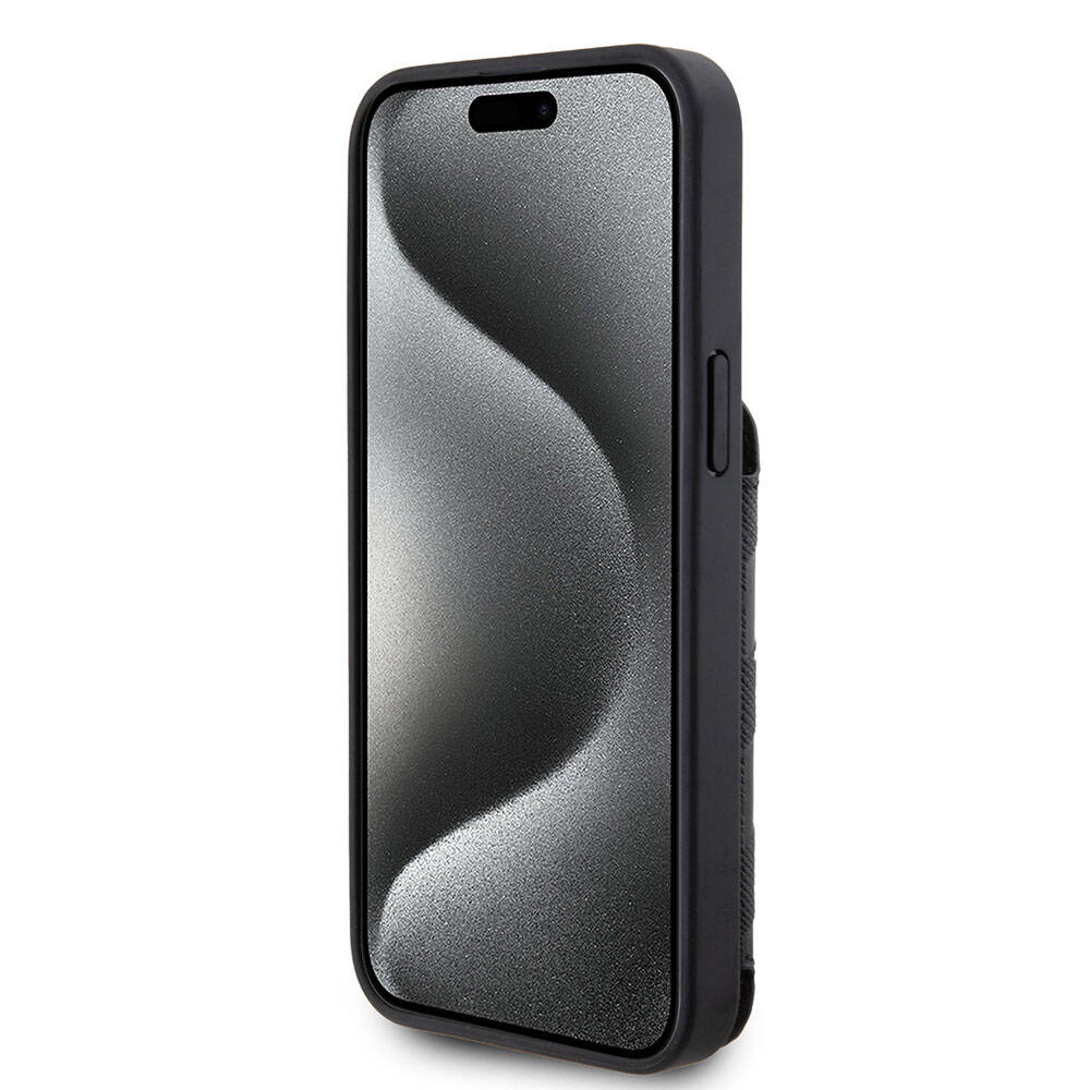 Apple iPhone 15 Pro Max Kılıf Karl Lagerfeld Standlı Kartlıklı Saffiano Monogram İkonik Metal Logo Orjinal Lisanslı Kapak Siyah