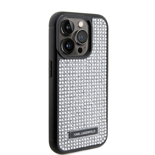 Apple iPhone 15 Pro Max Kılıf Karl Lagerfeld Taşlı Metal Logo Orjinal Lisanslı Kapak Gümüş