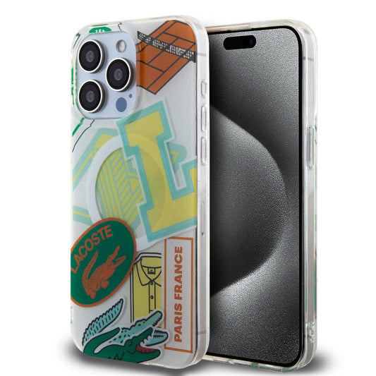 Apple iPhone 15 Pro Max Kılıf Lacoste Orjinal Lisanslı M-safe Şarj Özellikli Çift Katmanlı Yamalar Desenli Kapak Yeşil