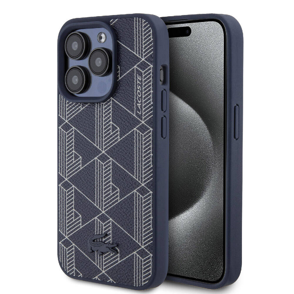 Apple iPhone 15 Pro Max Kılıf Lacoste Orjinal Lisanslı M-safe Şarj Özellikli PU Deri Görünümlü Karışık Monogram Desenli Kapak Lacivert
