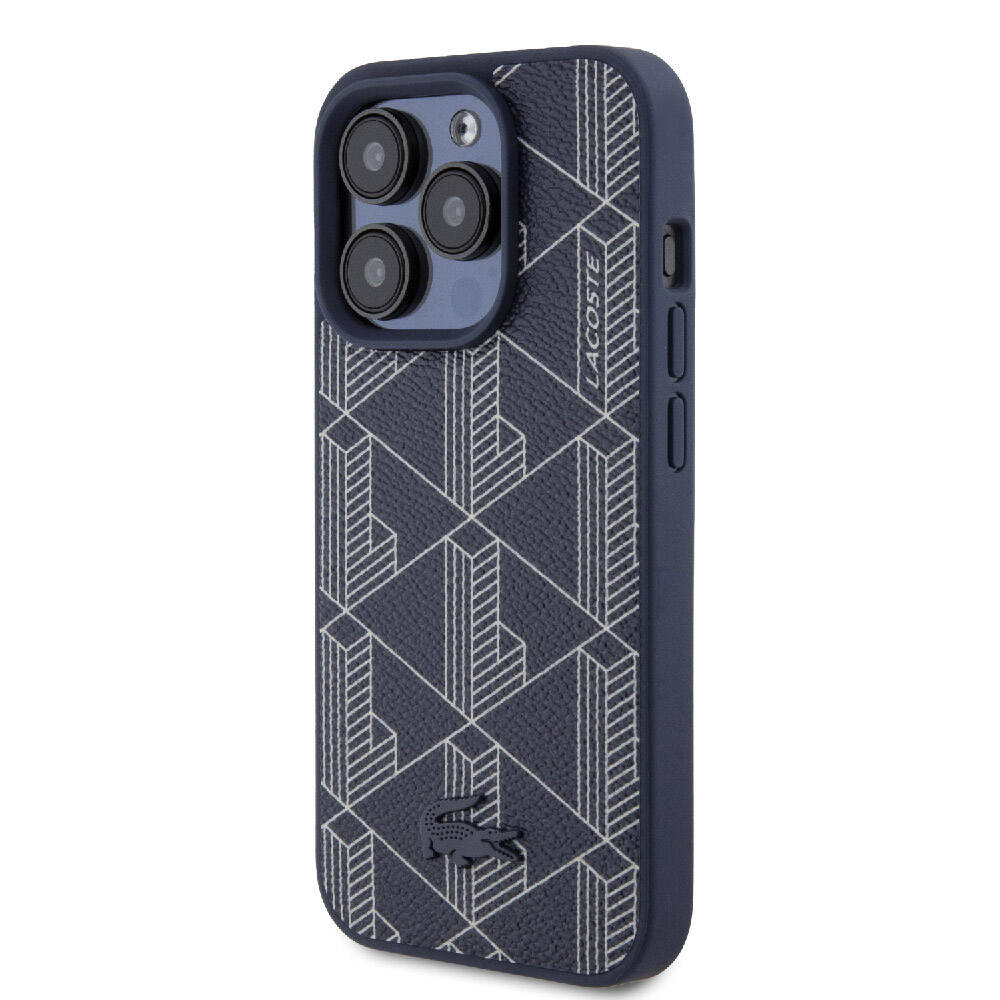 Apple iPhone 15 Pro Max Kılıf Lacoste Orjinal Lisanslı M-safe Şarj Özellikli PU Deri Görünümlü Karışık Monogram Desenli Kapak Lacivert
