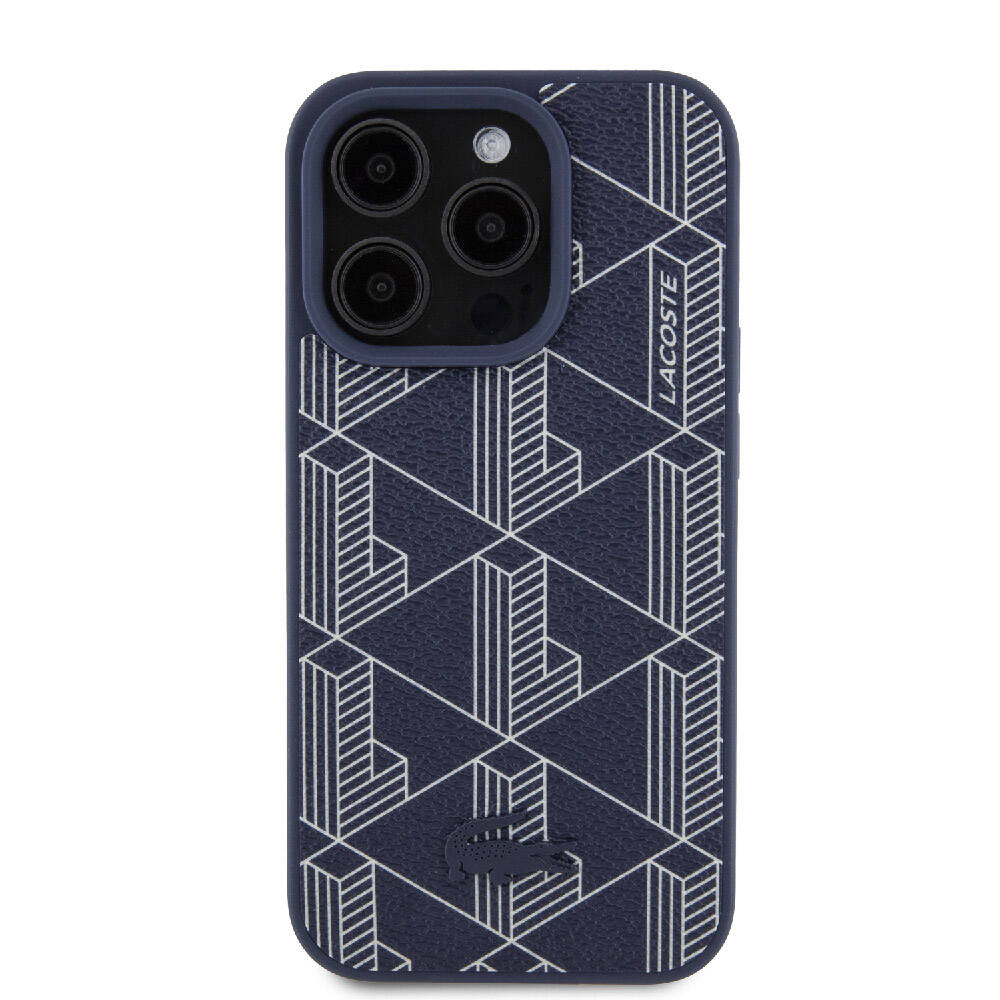 Apple iPhone 15 Pro Max Kılıf Lacoste Orjinal Lisanslı M-safe Şarj Özellikli PU Deri Görünümlü Karışık Monogram Desenli Kapak Lacivert