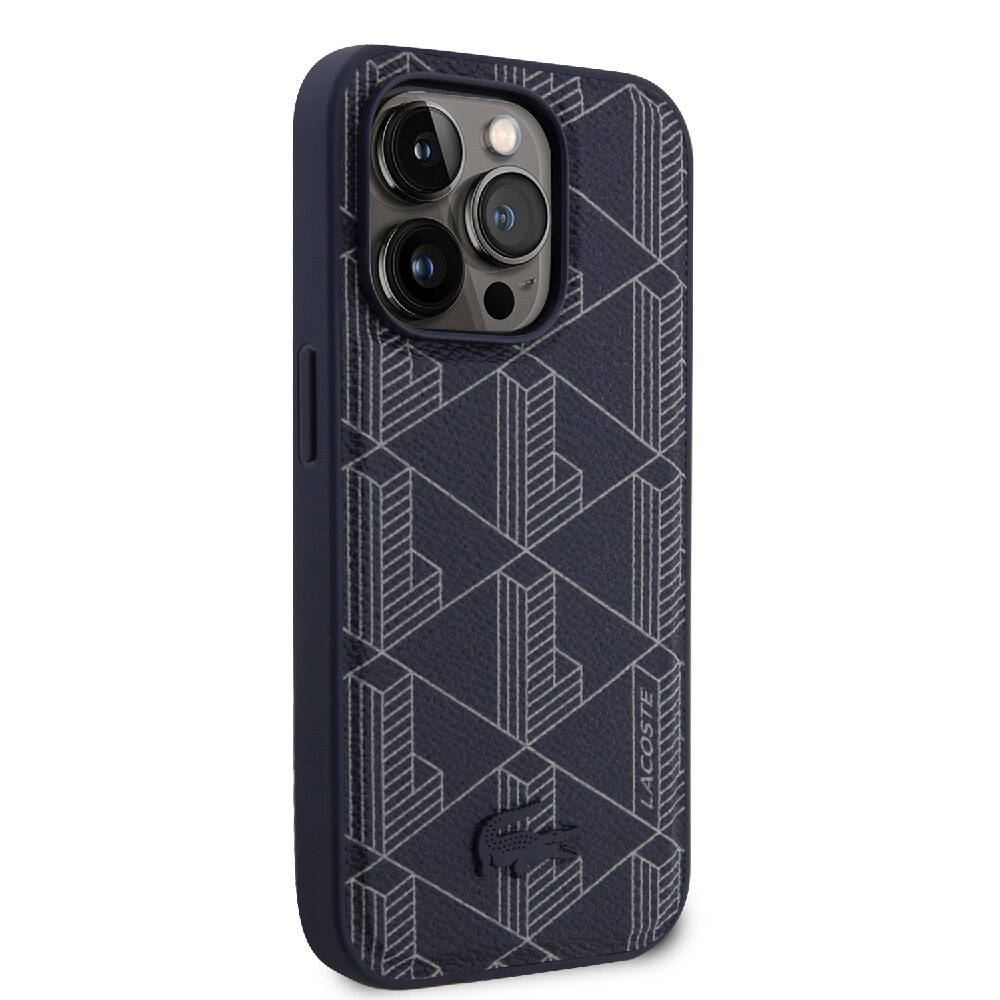 Apple iPhone 15 Pro Max Kılıf Lacoste Orjinal Lisanslı M-safe Şarj Özellikli PU Deri Görünümlü Karışık Monogram Desenli Kapak Lacivert