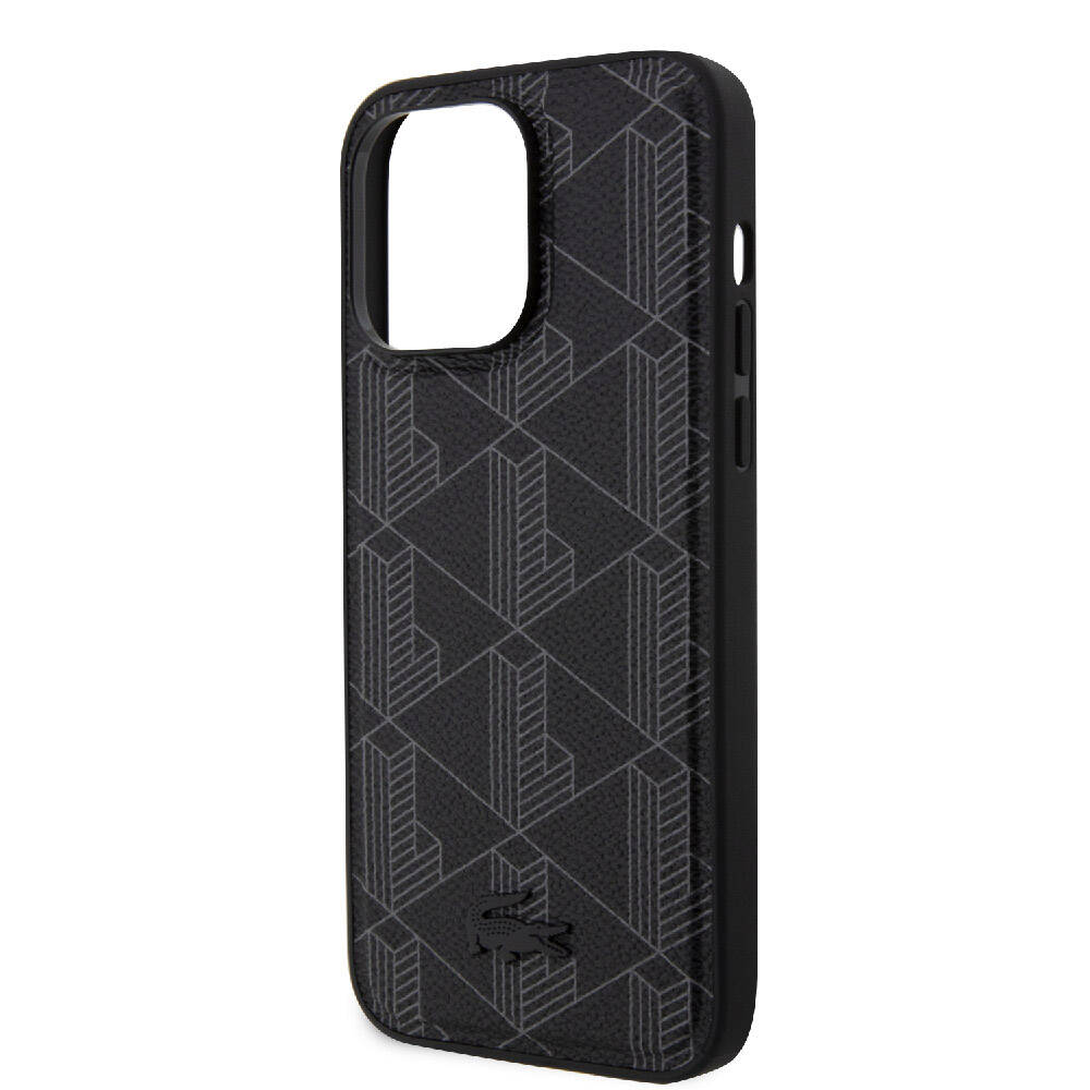 Apple iPhone 15 Pro Max Kılıf Lacoste Orjinal Lisanslı M-safe Şarj Özellikli PU Deri Görünümlü Karışık Monogram Desenli Kapak Lacivert