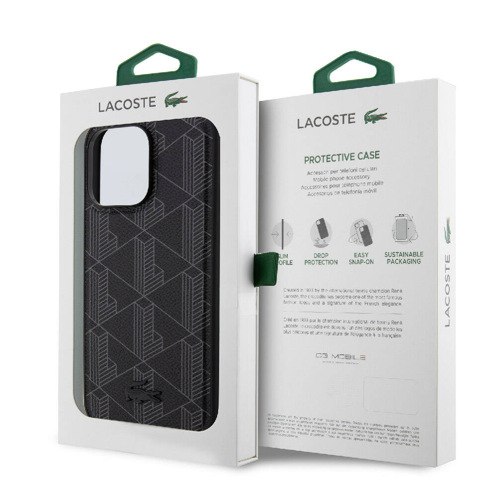 Apple iPhone 15 Pro Max Kılıf Lacoste Orjinal Lisanslı M-safe Şarj Özellikli PU Deri Görünümlü Karışık Monogram Desenli Kapak Lacivert