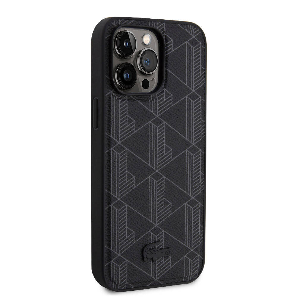 Apple iPhone 15 Pro Max Kılıf Lacoste Orjinal Lisanslı M-safe Şarj Özellikli PU Deri Görünümlü Karışık Monogram Desenli Kapak Lacivert