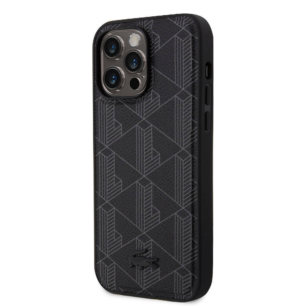 Apple iPhone 15 Pro Max Kılıf Lacoste Orjinal Lisanslı M-safe Şarj Özellikli PU Deri Görünümlü Karışık Monogram Desenli Kapak Lacivert