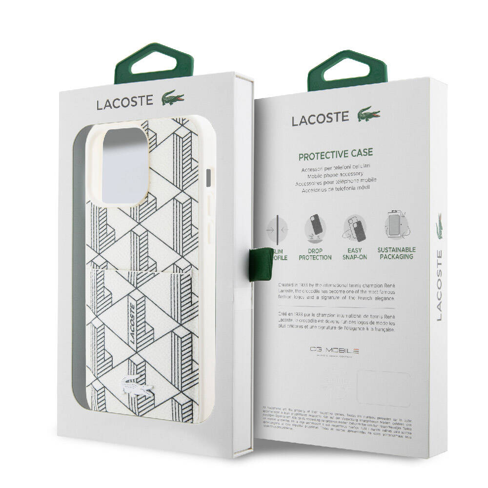 Apple iPhone 15 Pro Max Kılıf Lacoste Orjinal Lisanslı M-safe Şarj Özellikli PU Deri Görünümlü Kartlıklı Karışık Monogram Desenli Kapak Siyah